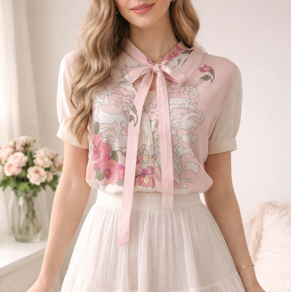Charlotte Y2K Coquette Bow-Tie Cardigan Cropped Silk Blend Floral Sweater SZ: M